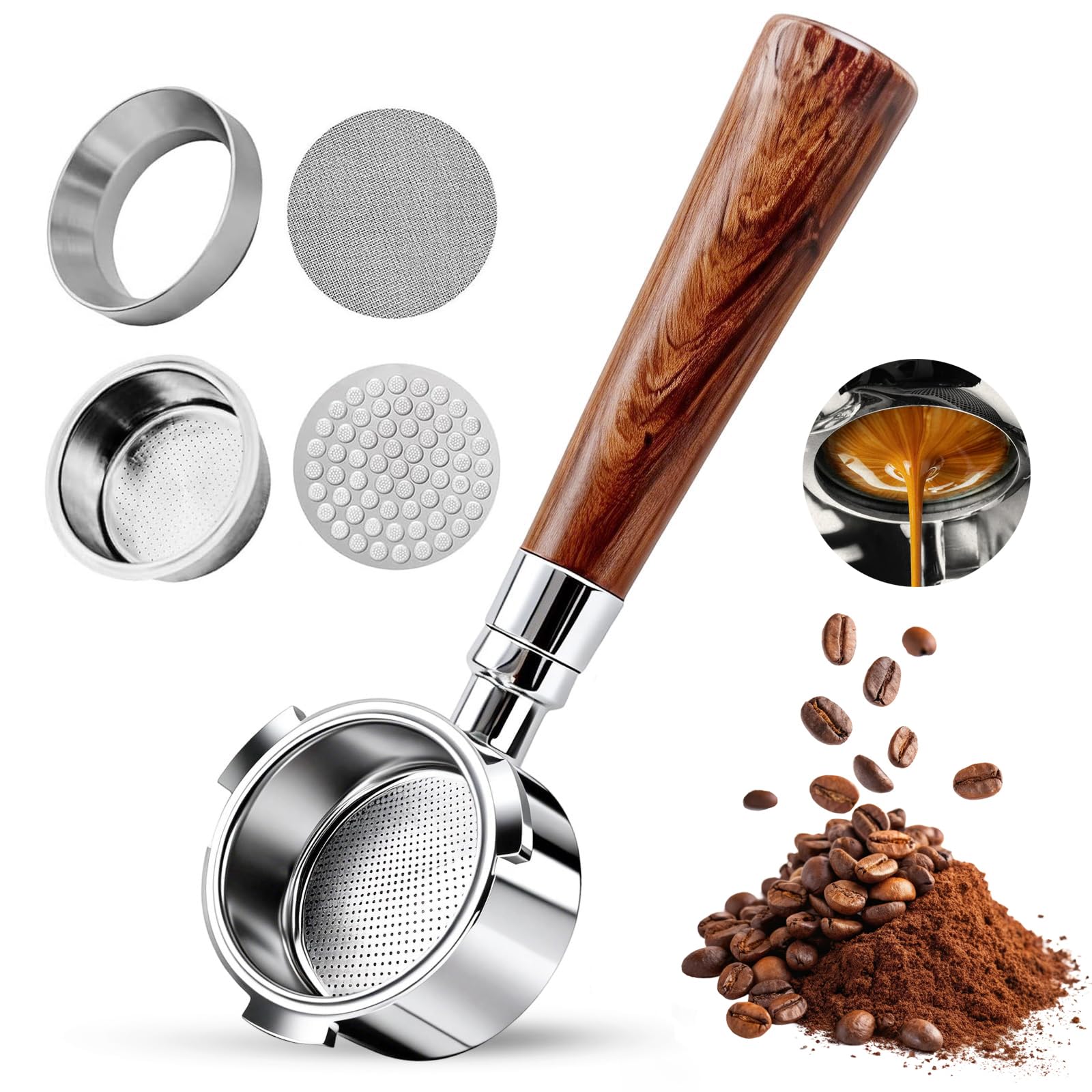 Porte-Filtre Sans Fond 51mm Compatible DeLonghi Dedica EC680/EC685/EC885, Poignée Espresso 3 Oreilles Acier Inoxydable avec Puck Screen & Entonnoir, Poignée Bois