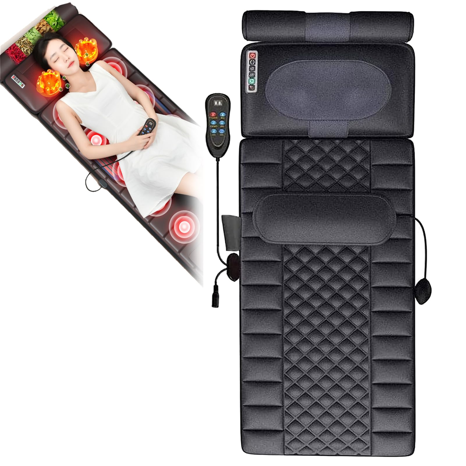 Materassino per massaggio completo del corpo, massaggiatore per la schiena con cuscinetto termico, cuscino per massaggio al collo, 10 cuscinetti vibranti 3 per il sollievo della schiena, massaggi