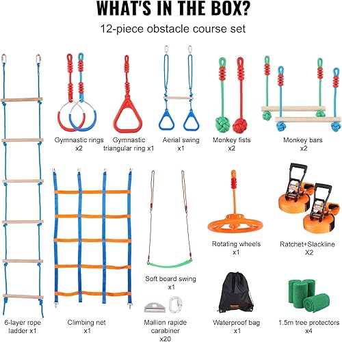 Miniatura 7 de VEVOR Carrera de obstáculos Ninja Warrior para niños, 2 x 50 pies resistentes a la intemperie, línea de mono de capacidad de peso de 500 libras,