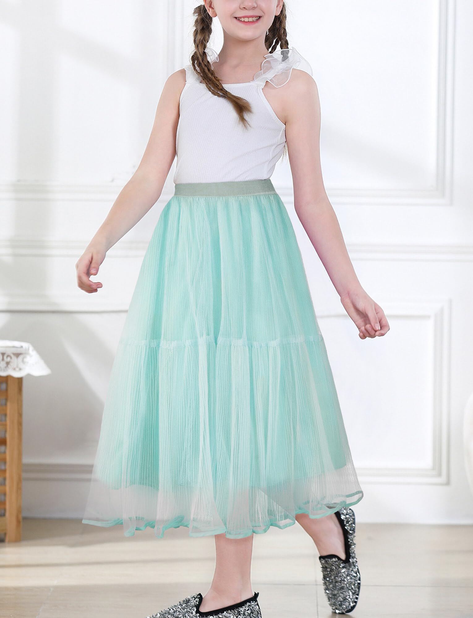 Happy Cherry - Niña Falda Larga con Tul para Carnaval Boda Ceremonia Infantil Vestido Corto de Fiesta Faldas Tutú de Princesa Elegante para Primavera Verano Otoño Invierno - 4-12 Años