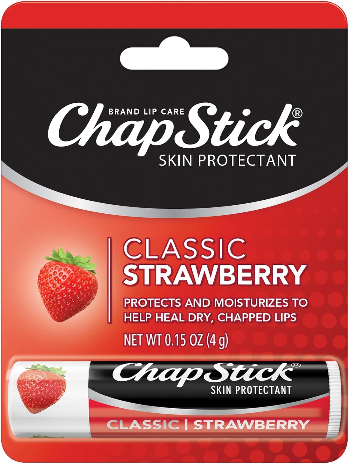 chapstick classic (12 carded packs of 1 stick) strawberry flavor skin protectant flavored lip balm tube, 0.15 ounce each (12 total sticks)