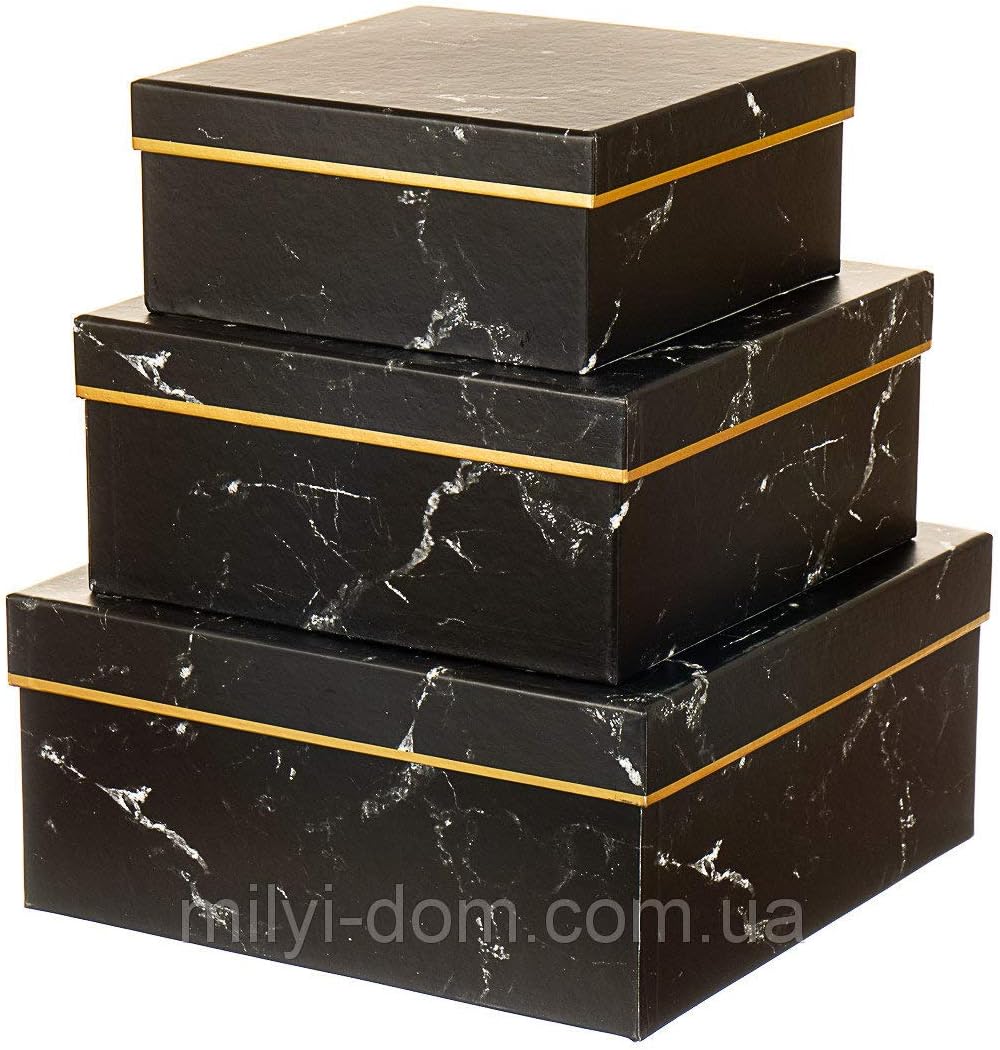VIPOLIMEXSet of 3 Square Gift Boxes with Lid Marble Effect Decorative Box Square Marbled Gold Trim Black or White