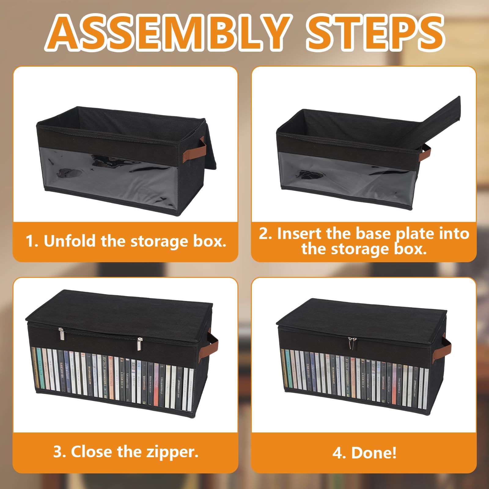 Confezione da 4 scatole per DVD, 43,5 x 22 x 22 cm, con coperchio con cerniera e finestra, contenitore per 50 DVD in custodie piene, 85 DVD in custodie sottili e 220 dischi in custodie per CD