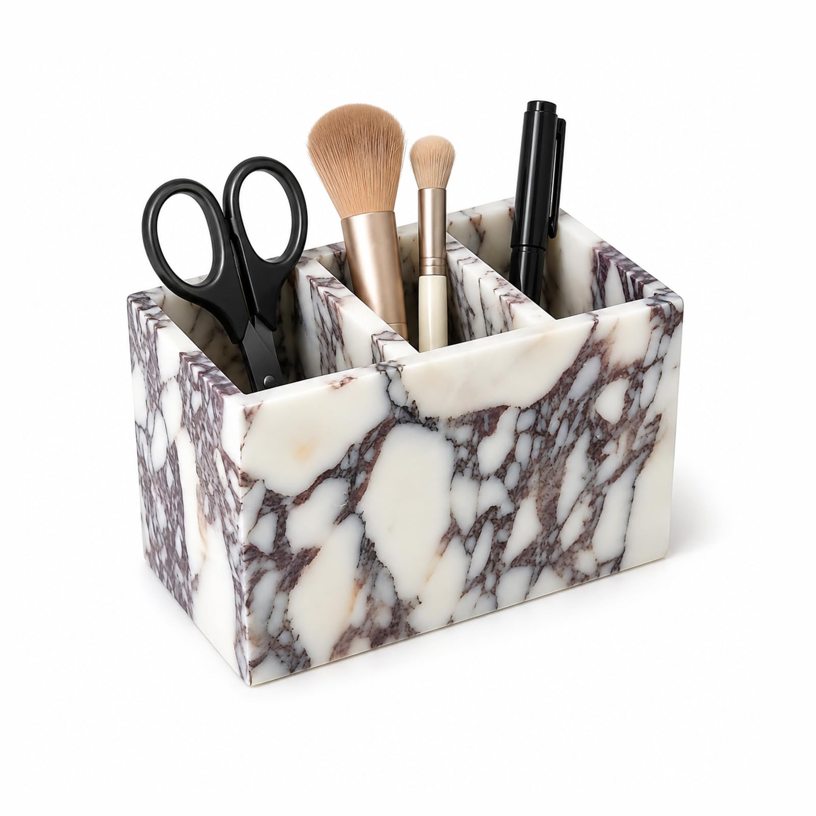 Artisanal Abode Natural Marble 3-Compartment Organizer Box - Multi-Purpose Desktop Storage for Office Supplies, Kitchen Utensils, Makeup Brushes & Bathroom Essentials
