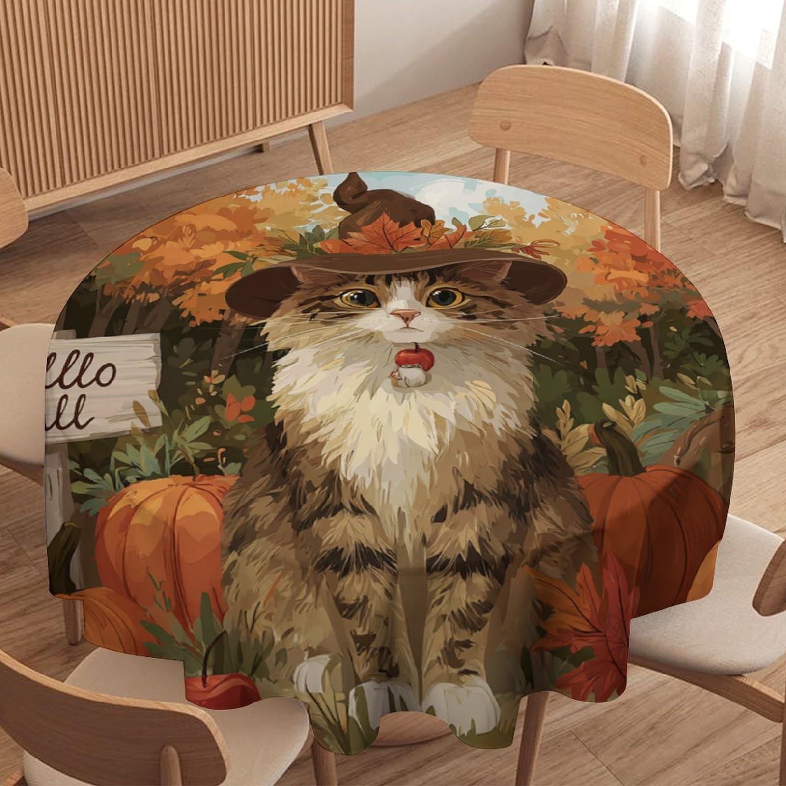 LUYYSKY Beautiful Cartoon Cute Cats Round Tablecloth Modern Watercolor Thanksgiving Animals Cats Kitten Pattern Washable Decor for Table Cover for Kitchen-177.8" Wx177.8 L cm