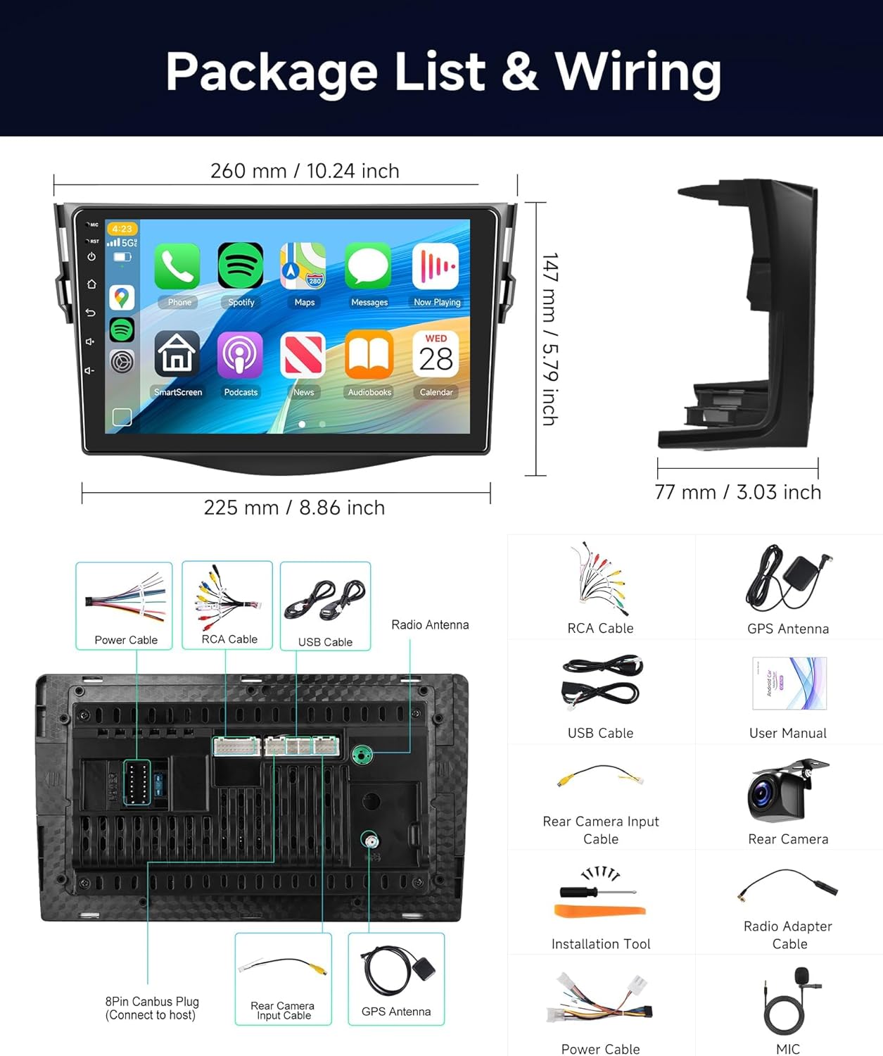 【4G+64G】 for Toyota RAV4 2006-2012 Android Car Radio Stereo with Wireless CarPlay Android Auto,9 inch IPS Touchscreen Car Stereo Bluetooth5.0, GPS, 5G WiFi,SWC,59UI,32EQ +HD Backup Camera