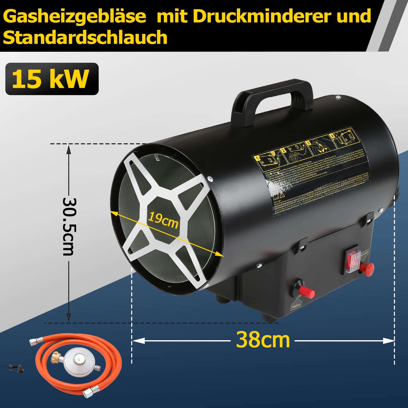 Gasheizgebläse 15 KW Gasheizer Heizkanone,gasheizung für innenräume, 700 mbar Gasheizstrahler inkl. 1.2m Verbindungschlauch, IPX4, Bauheizer für Gasflasche, Strahlungsbereich ca.225㎡