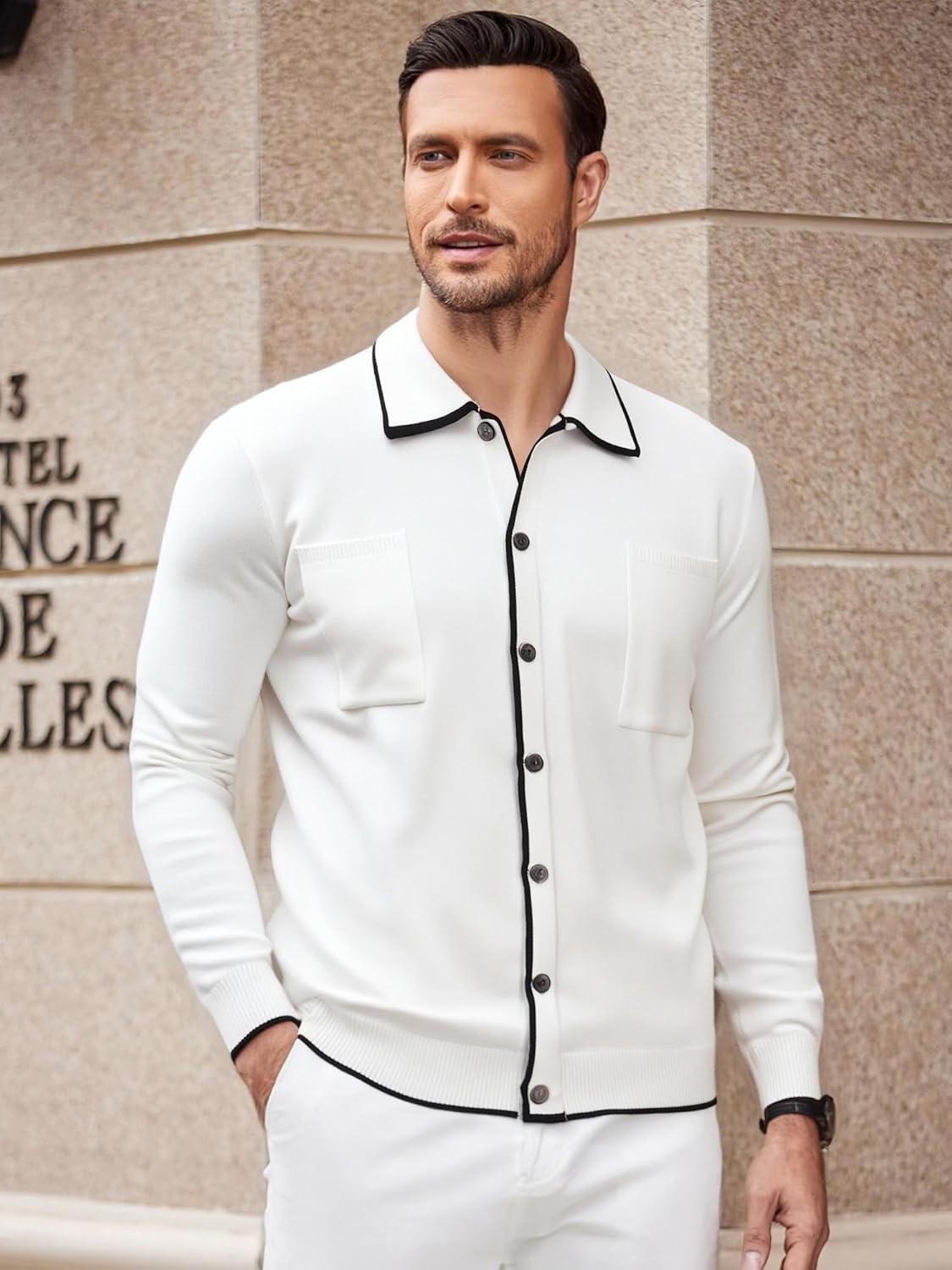 Alex Vando Mens Retro Cardigan Shirts Long Sleeve Two Pockets Knit Casual Button Down Shirts for Men - Image 2