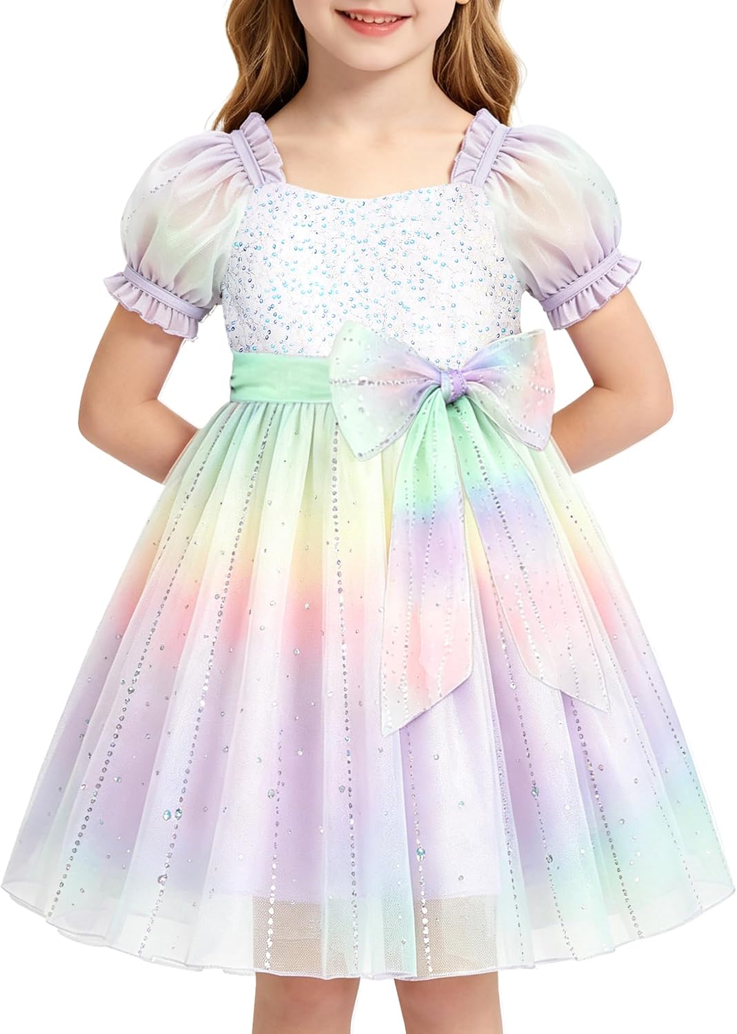 YALLET Flower Girls Dresses Sparkly Sequin Mermaid Dress Flowing Satin Puff Sleeve Kids Party Gown with Bow Hairpin 3-8 Years