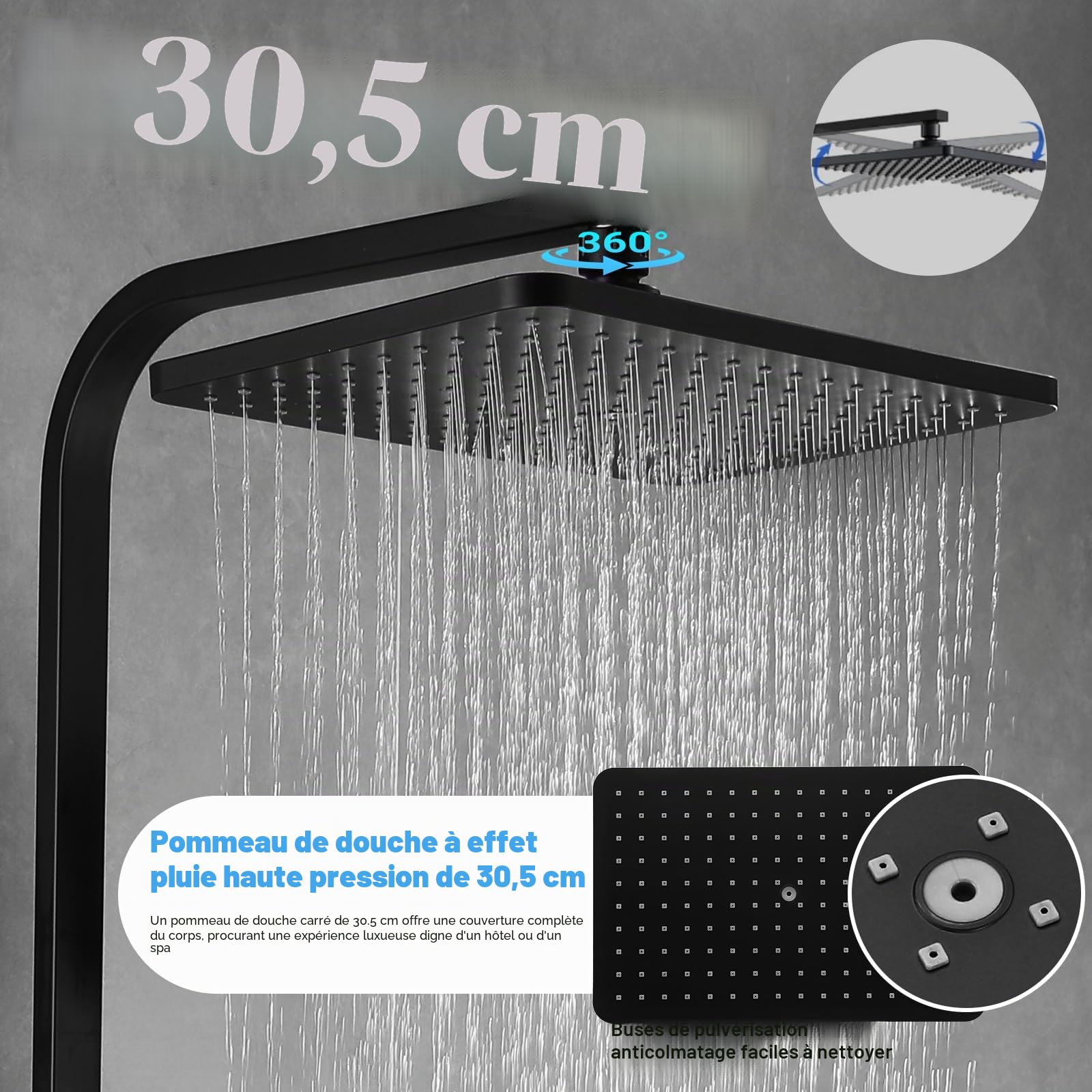 Colonne de Douche Thermostatique Colonne Douche Noir, Inox Réglable Ensemble Douche Salle de Bain Colonne de Douche avec Mitigeur, Pommeau de Douche, Robinetterie, Douchette Jet et Tete Douche 30x20cm