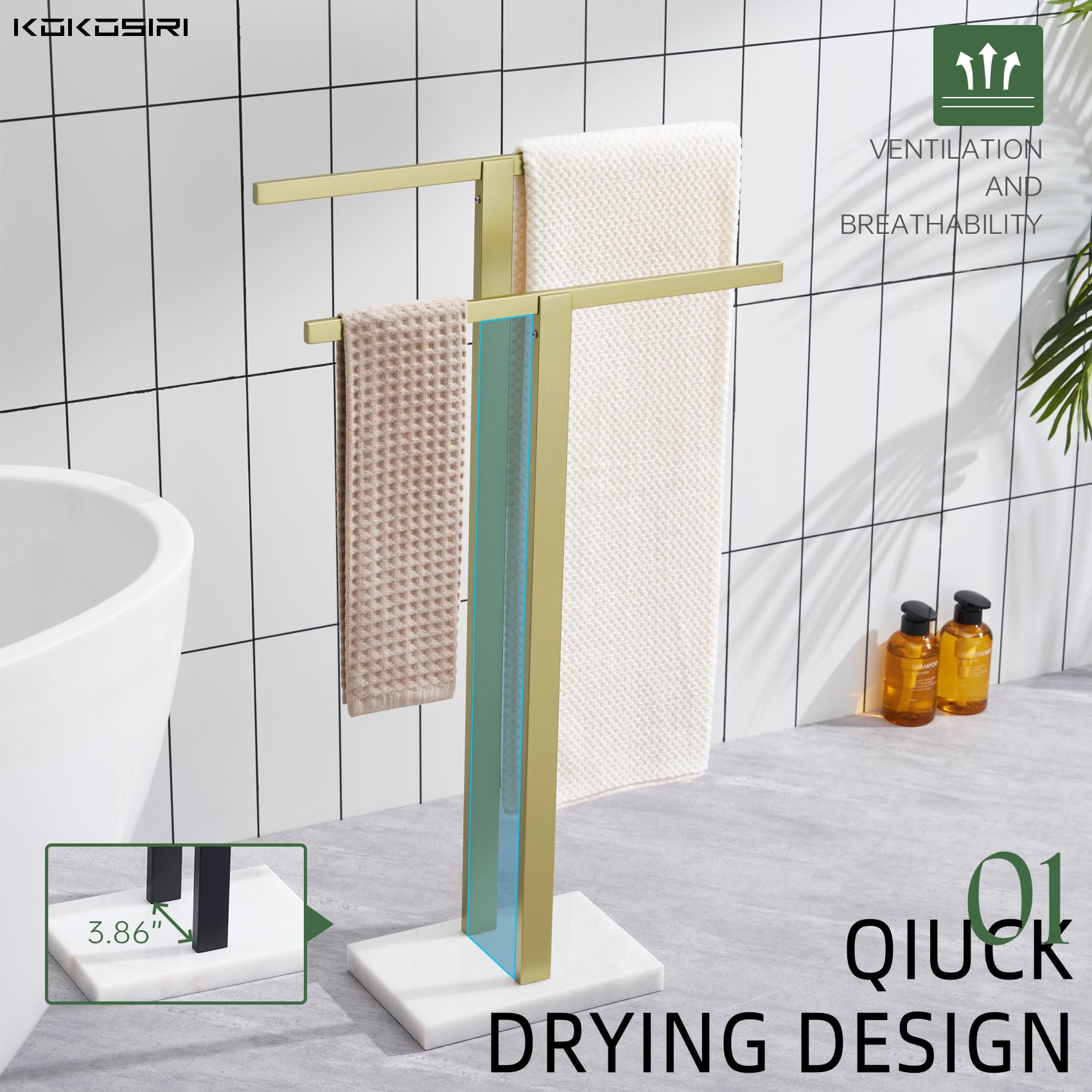 KOKOSIRI Bathroom Towel Rack 2-Tier Standing Towel Racks with Marble Base, Stainless Steel Freestanding Towel Bars, Thicken Steady Design, Brushed Gold THS0001-BG