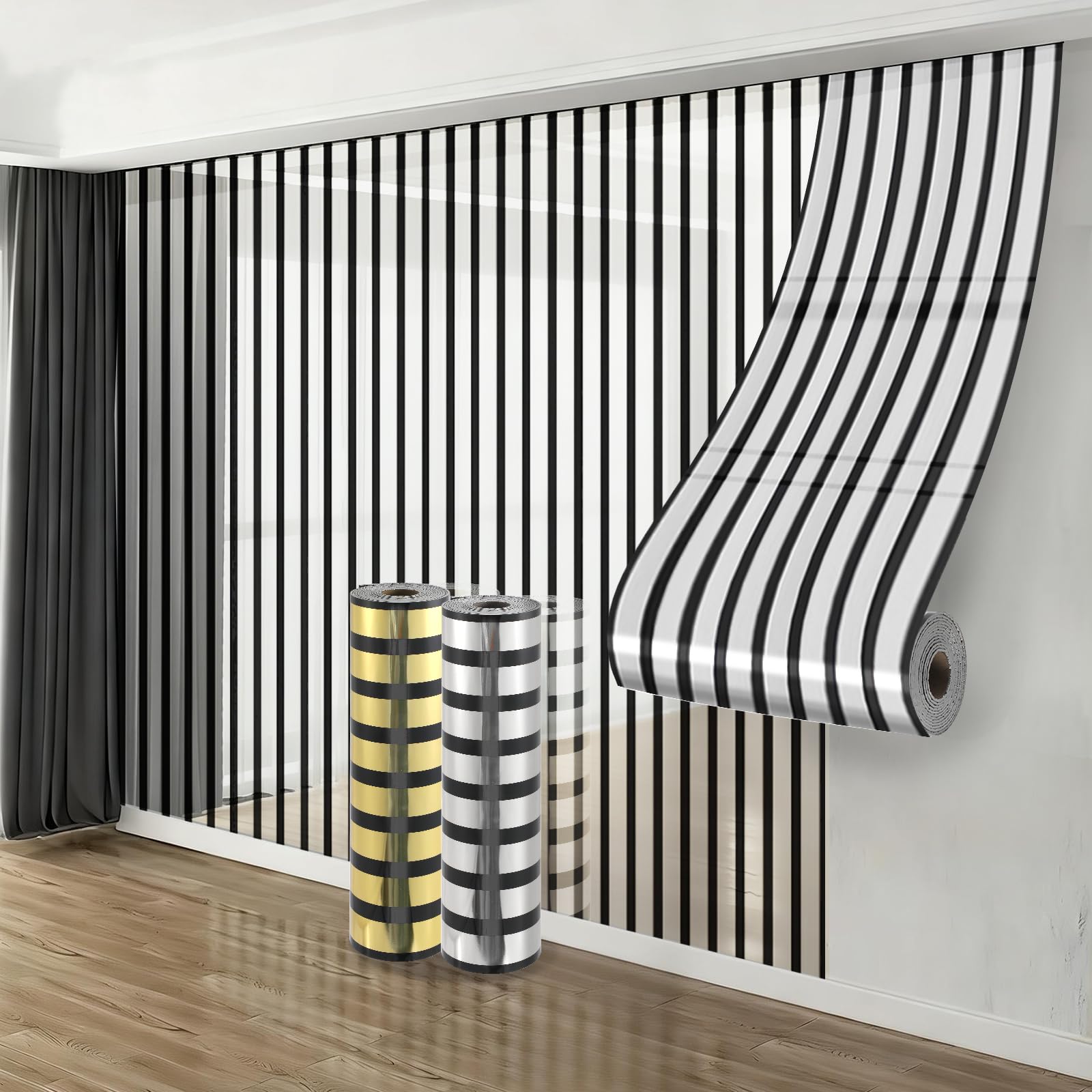 Takezuaa 3 Roll Self Adhesive Thermal Insulation Wallpaper 2.2mm Thick Mirror Imitation Grille Stripe Metallic Peel and Stick Wallpaper for Living Room,Bedroom 40cm x 3m - Silver