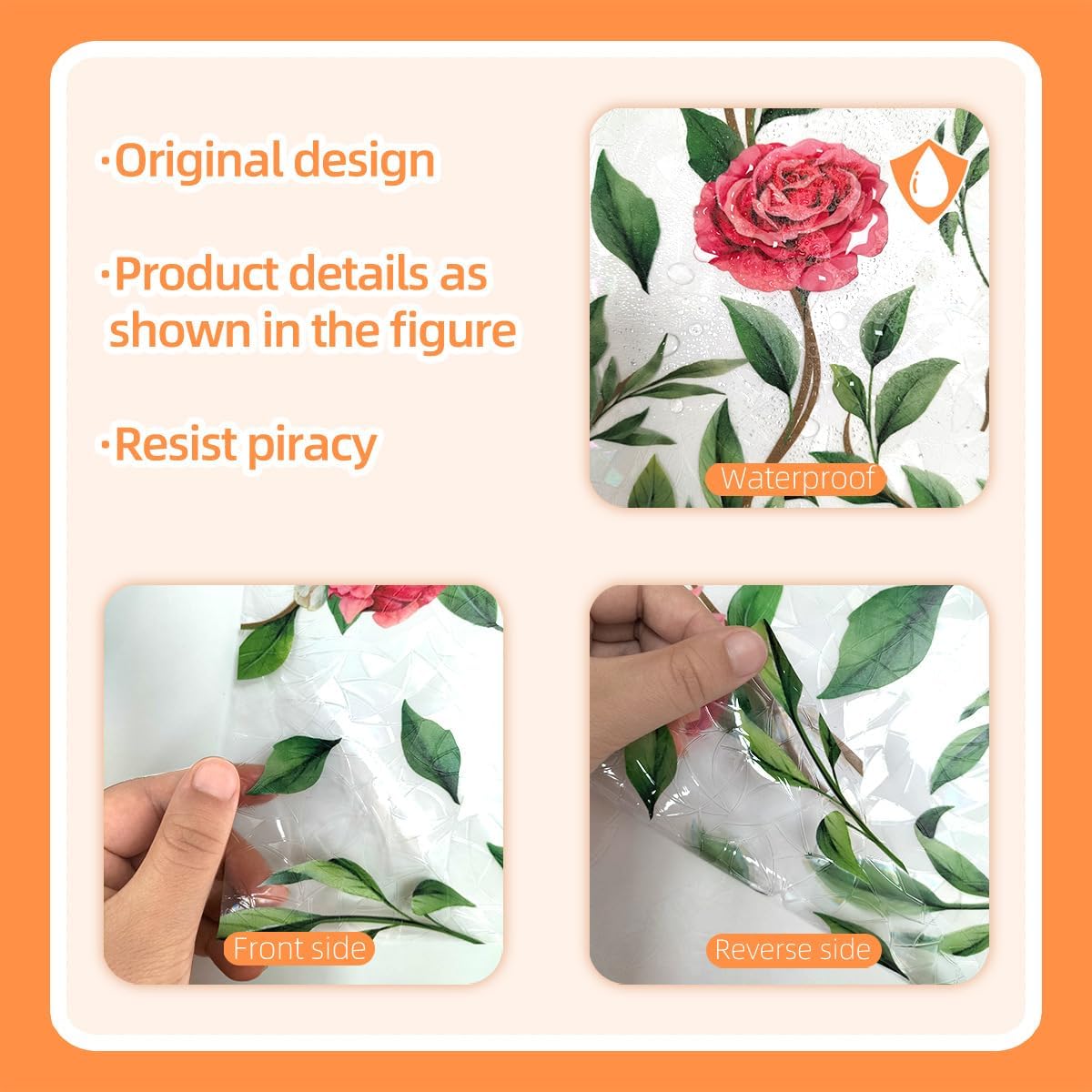 Window Film, Decorative Flower Window Privacy Film, Green Vines Rose Floral Double Sided Static Glass Window Clings Declas for Home Office Living Room Bedroom Glass Windows Door Decor