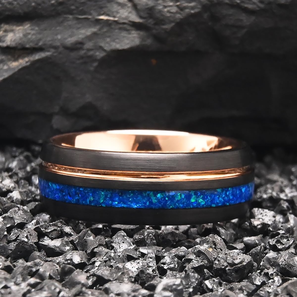 Tungsten Carbide Rings for Men Women 8mm Men's Engagement Wedding Bands Rose Golden Grooved Inlaid Blue Opal Matte Brushed - Image 3