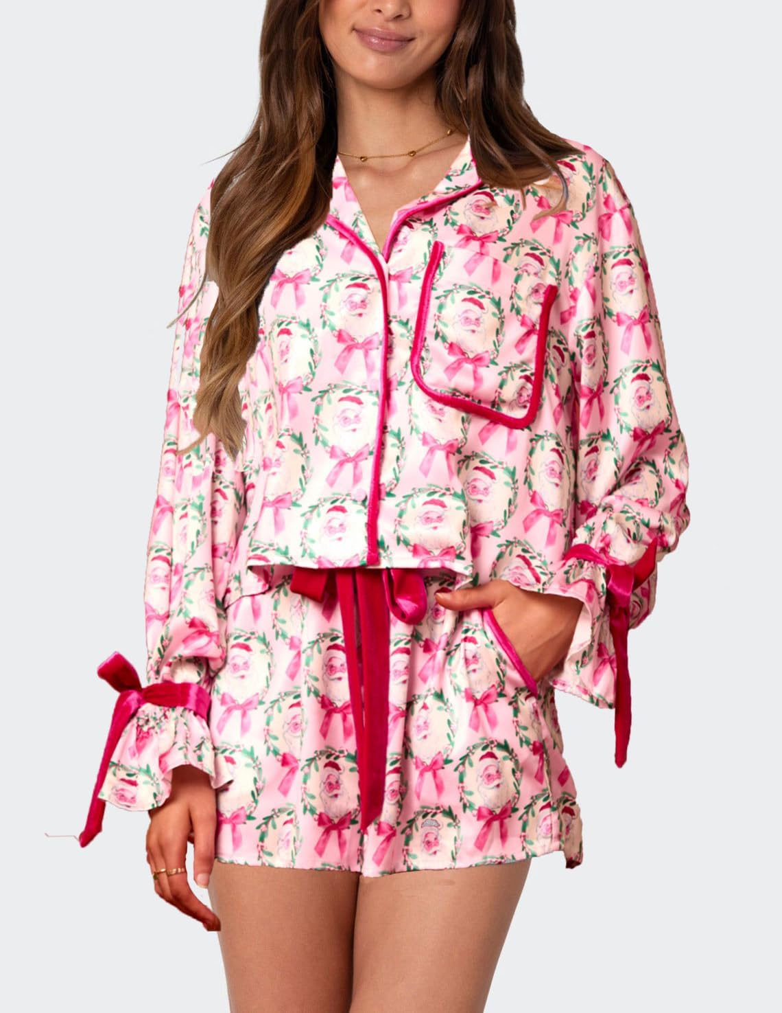 Silk Christmas Bow Pajamas for Women Cute Xmas Satin 2 Piece Santa Bow Tie Pjs Long Sleeve Shirt Ruffle Shorts Sets - Image 2