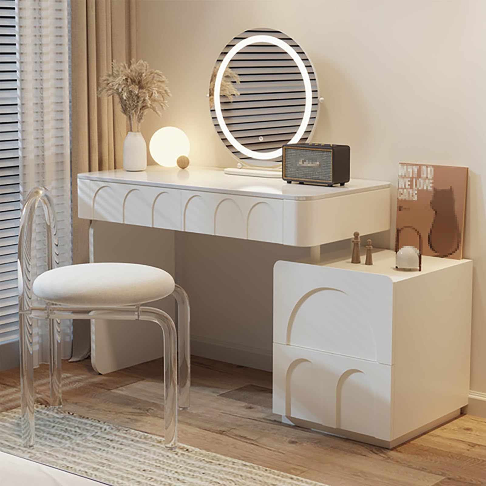 CGCSYZ Makeup Vanity, Vanity Table with Retractable Side Cabinet, Vanity Desk with Mirror and Lights, Makeup Vanity Set with Transparent Acrylic Stool, Dressing Table with 4 Drawers(80cm/31.5in)