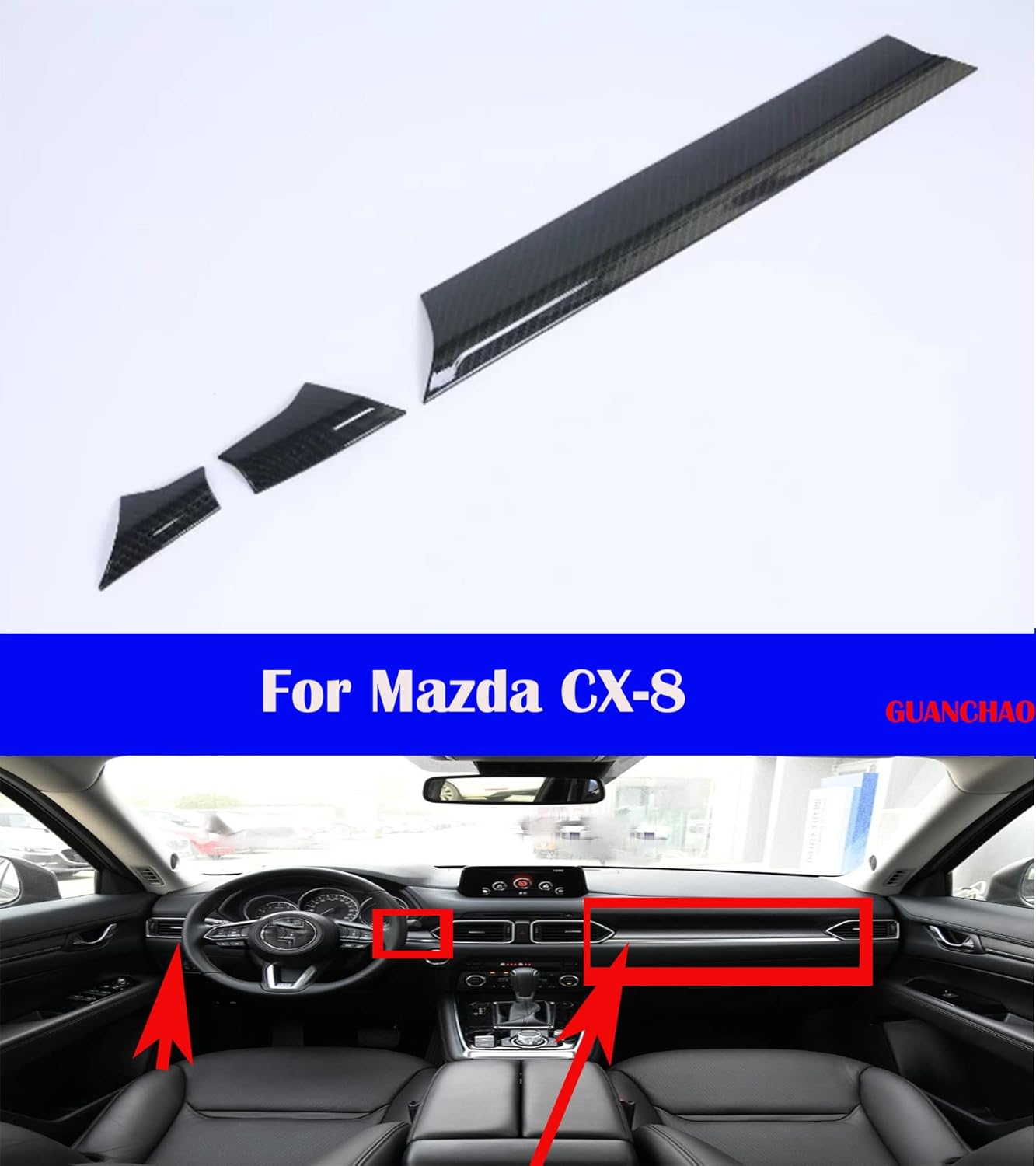 Car Interior Trim Strips Carbon Fiber Electroplating for CX-8 2018 2019-2020-2021-2022 (3 Central Control Decorative Strip Carbon Fiber)