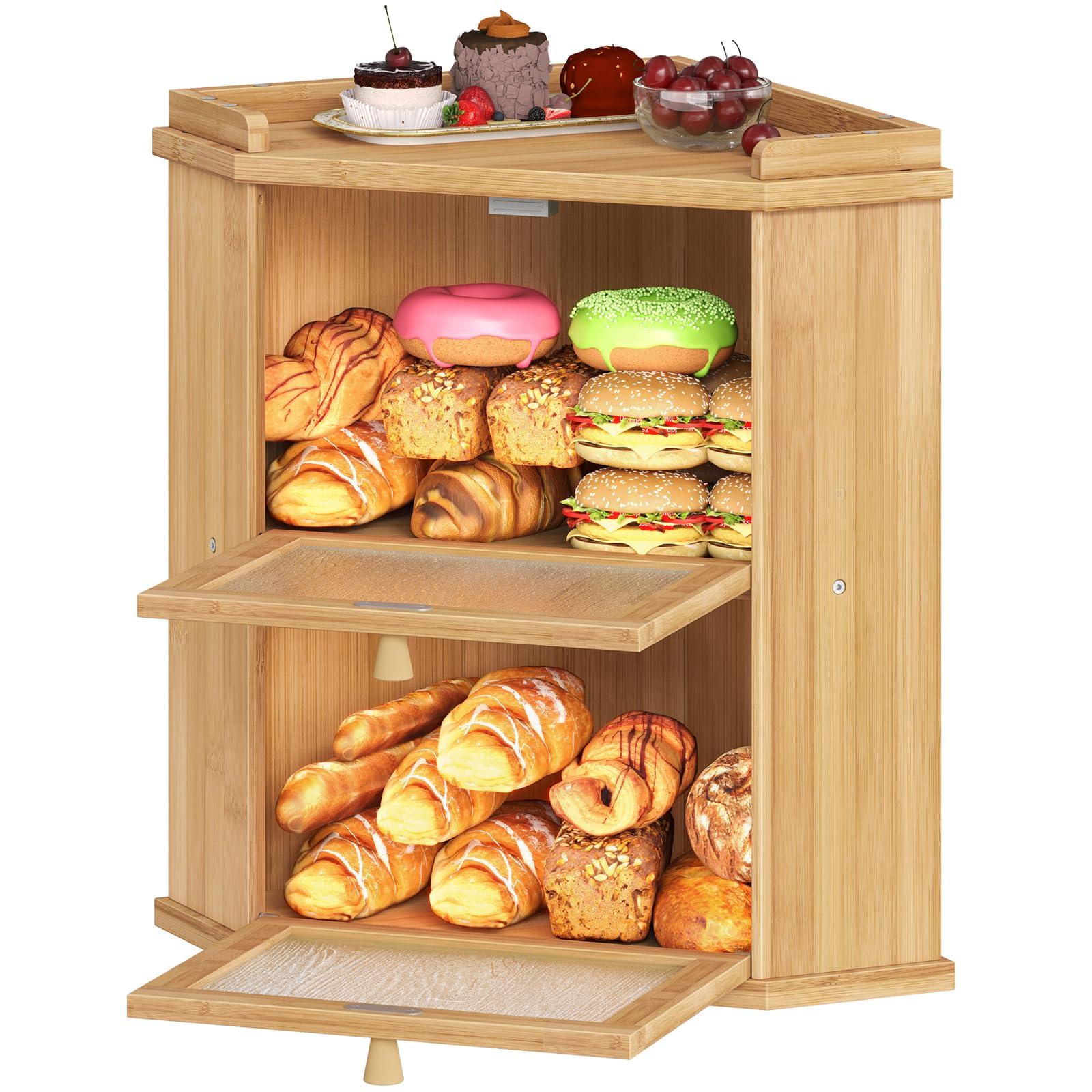 HOOBRO Brotkasten Bambus, 2-lagige Brotkorb mit Oberem Fach, Brotbox, Brotaufbewahrung für Brötchen und Gebäck, Brotbehälter, Brotbehälter für Küche und Esszimmer, Natur EYL19MB01