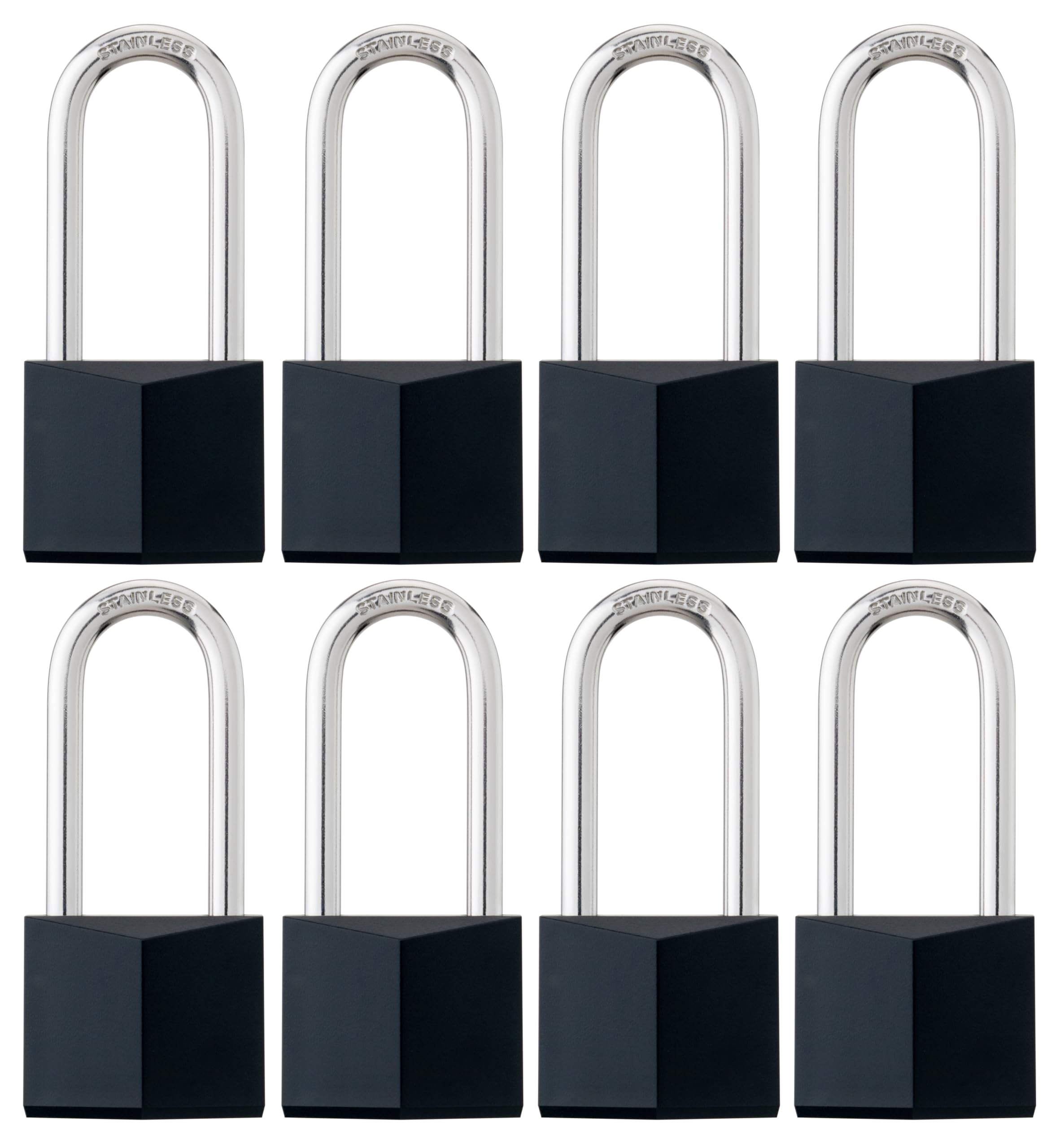 Paquete de 8 candados con llave igual, candado con llave de latón cubierto negro con grillete largo de acero inoxidable, cuerpo de cerradura de 1-9/16 pulgadas, cerraduras inoxidables para