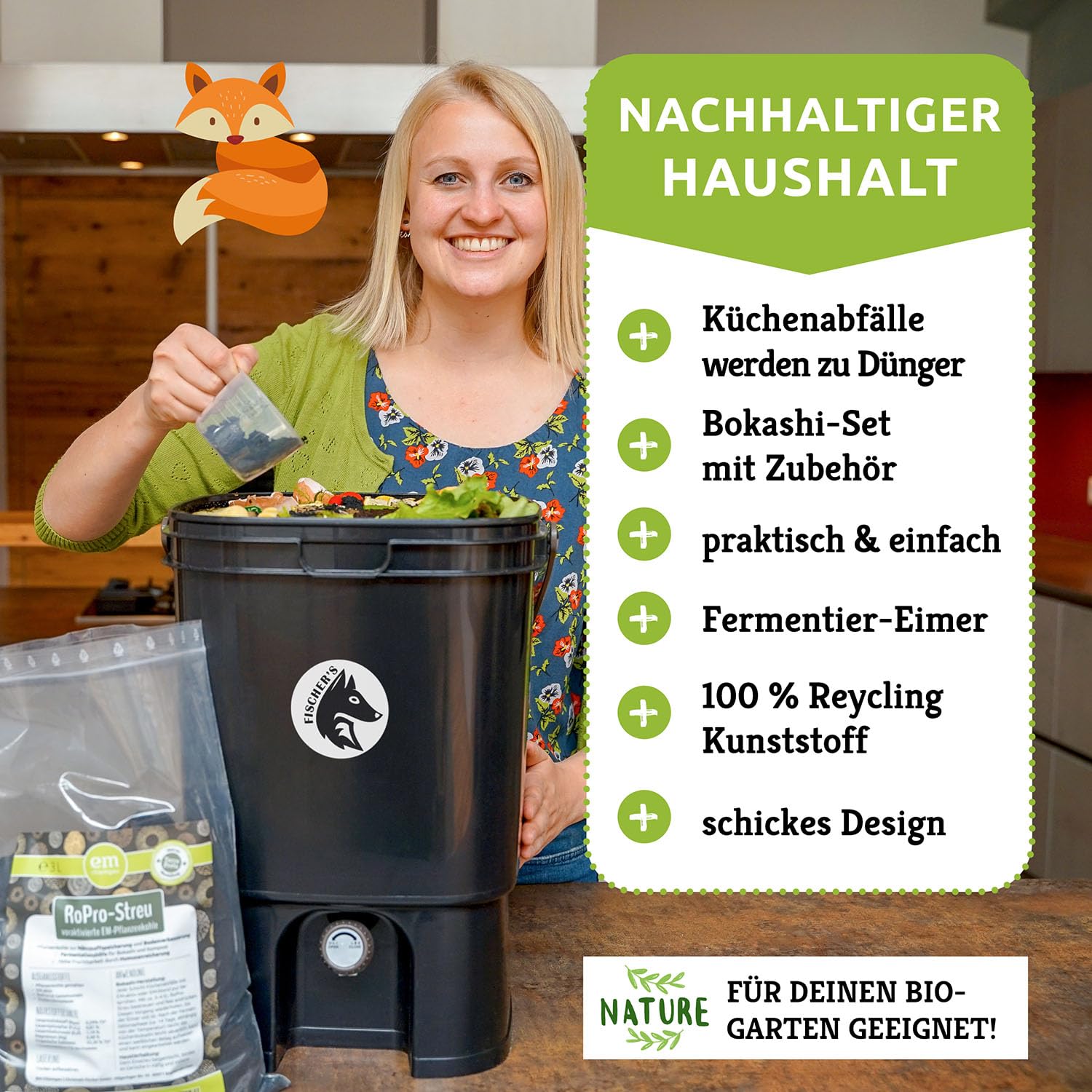Bokashi Komposteimer Küche 2er Set [Geruchsdicht] 2 x 19 L Volumen, Küchenabfalleimer, Komposter mit Zubehör 1 L EM + 1 Kg Bokashi Ferment für Küchenabfall & Kompostieren | Biomülleimer