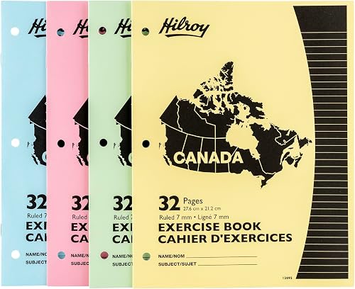 Hilroy Canada Stitched Exercise Book, 32 Pages/16 Sheets, 4-Pack (12692) | 7mm Ruled with Margin, 3-Hole Punched, Assorted Colours