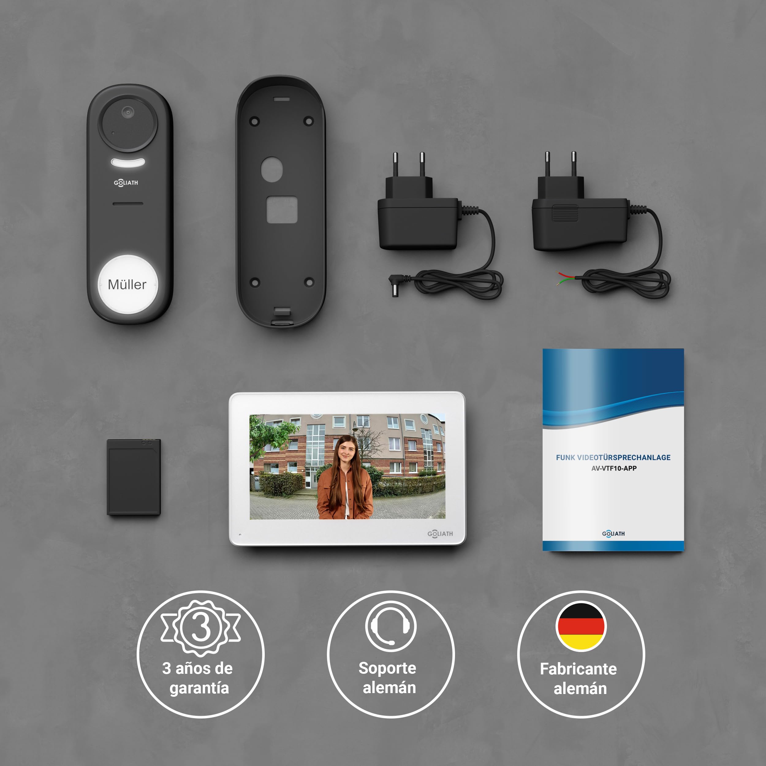 GOLIATH® Timbre inalámbrico con cámara e intercomunicador [CON APLICACIÓN PARA SMARTPHONE] - Timbre con cámara Full HD y monitor - Intercomunicador con vídeo y timbre con abrepuertas - Timbre con víde
