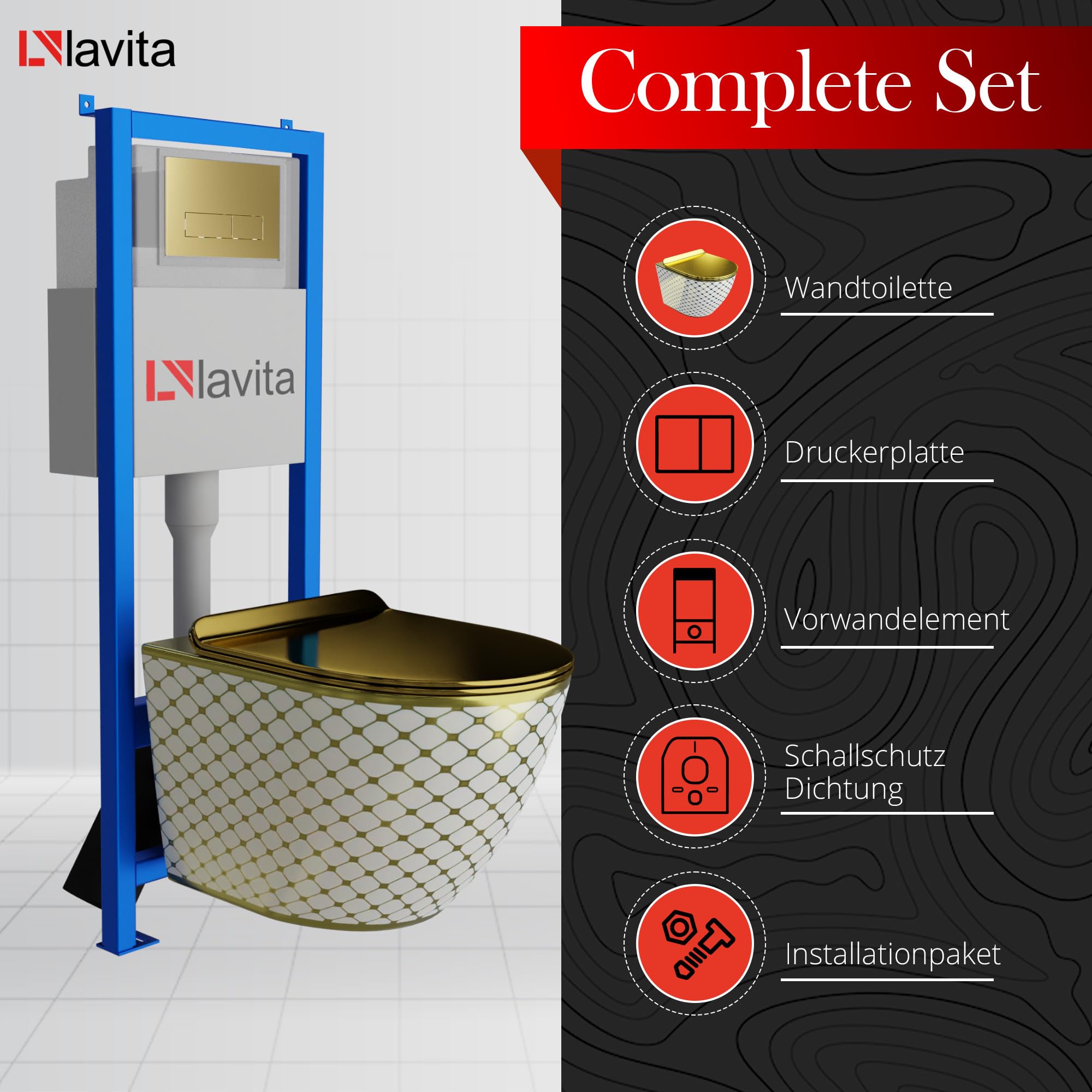 Lavita LAV 101 Élément mural WC 40 cm + évier mural SOFI SLIM CHECKED GOLD sans bord + panneau de commande LAV 200.3.5 Gold | Kit complet | Réservoir de chasse encastré