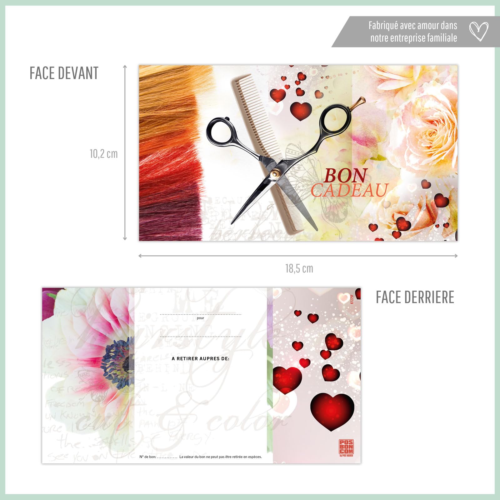 POS BON - 100 bons cadeaux à remplir avec enveloppe/nœud ruban - formulaires imprimés pour des salons de coiffure K1275F2-100-V1