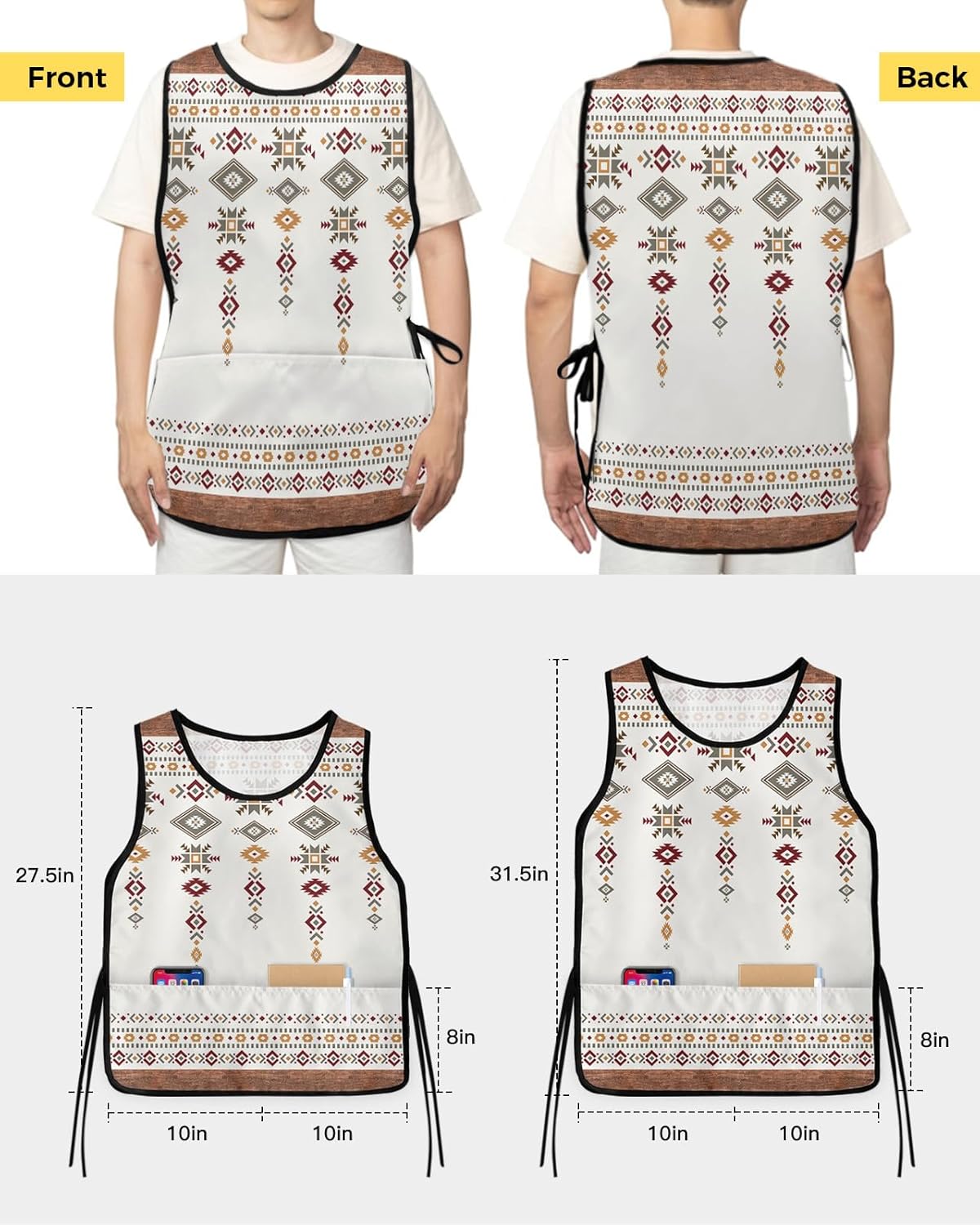 Southwest Boho Cobbler Aprons with 2 Pockets for Women Men, Vintage Bohemia Native American Tribal Geometric
