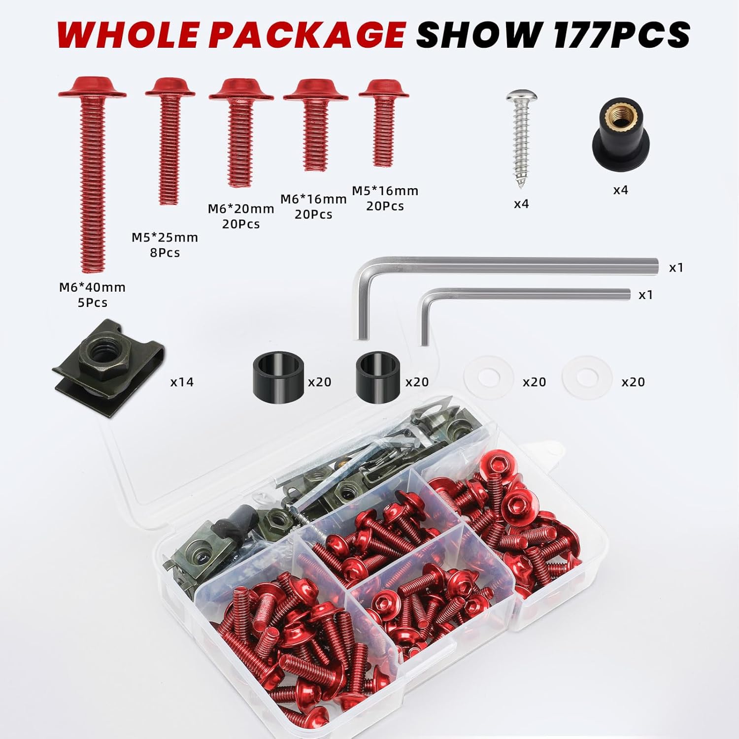 177Pcs Motorcycle Fairing Bolt Kit Red, M5 M6 Stainless Steel Windscreen Screws Fastener Clips Universal Fit for Kawasaki Suzuki Honda Yamaha BMW Ducati GSXR Sportbike Motorcycle