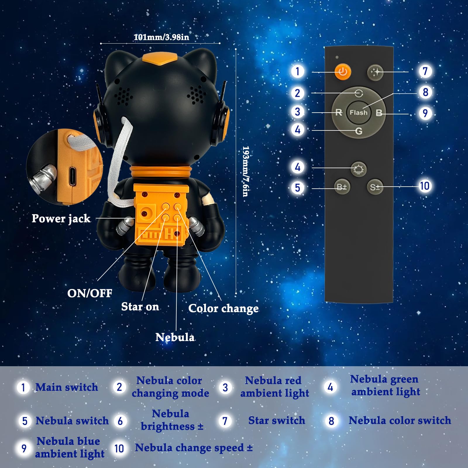 Lampada LED Gatto Astronauta Proiettore Stelle,Proiettore Lampada LED Ricaricabile per Bambini Girevole a 360°,Luce Notturna Neonato Soffitto Con 12 Effetti Di Luce,Telecomando,Cavo Dati USB