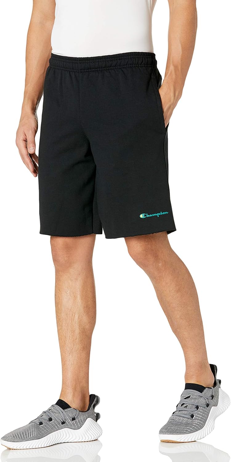 Champion Men's Powerblend Graphic Short, Black - Script Logo,