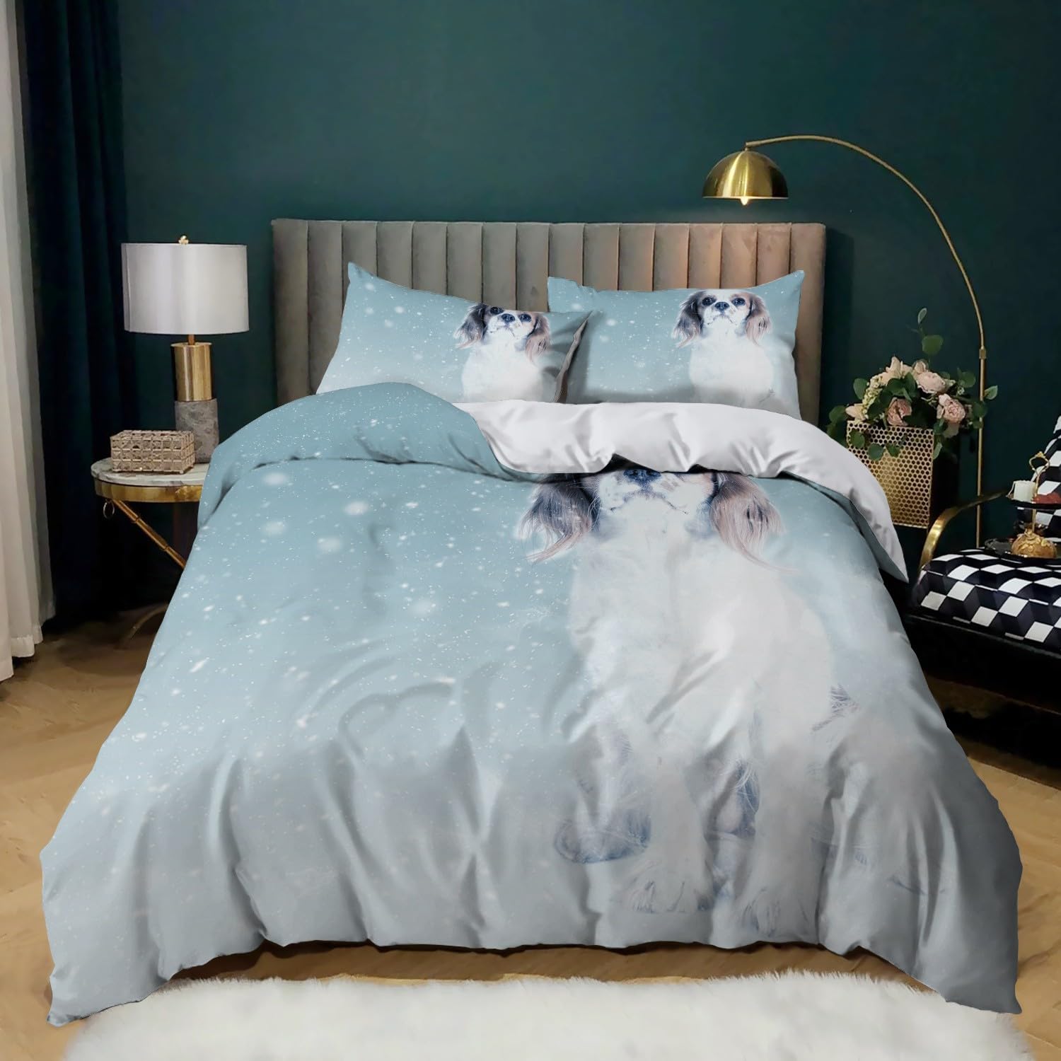 Housse de couette 240x260 cm anti-poussière motif chien blanc pour literie adulte 2 personnes