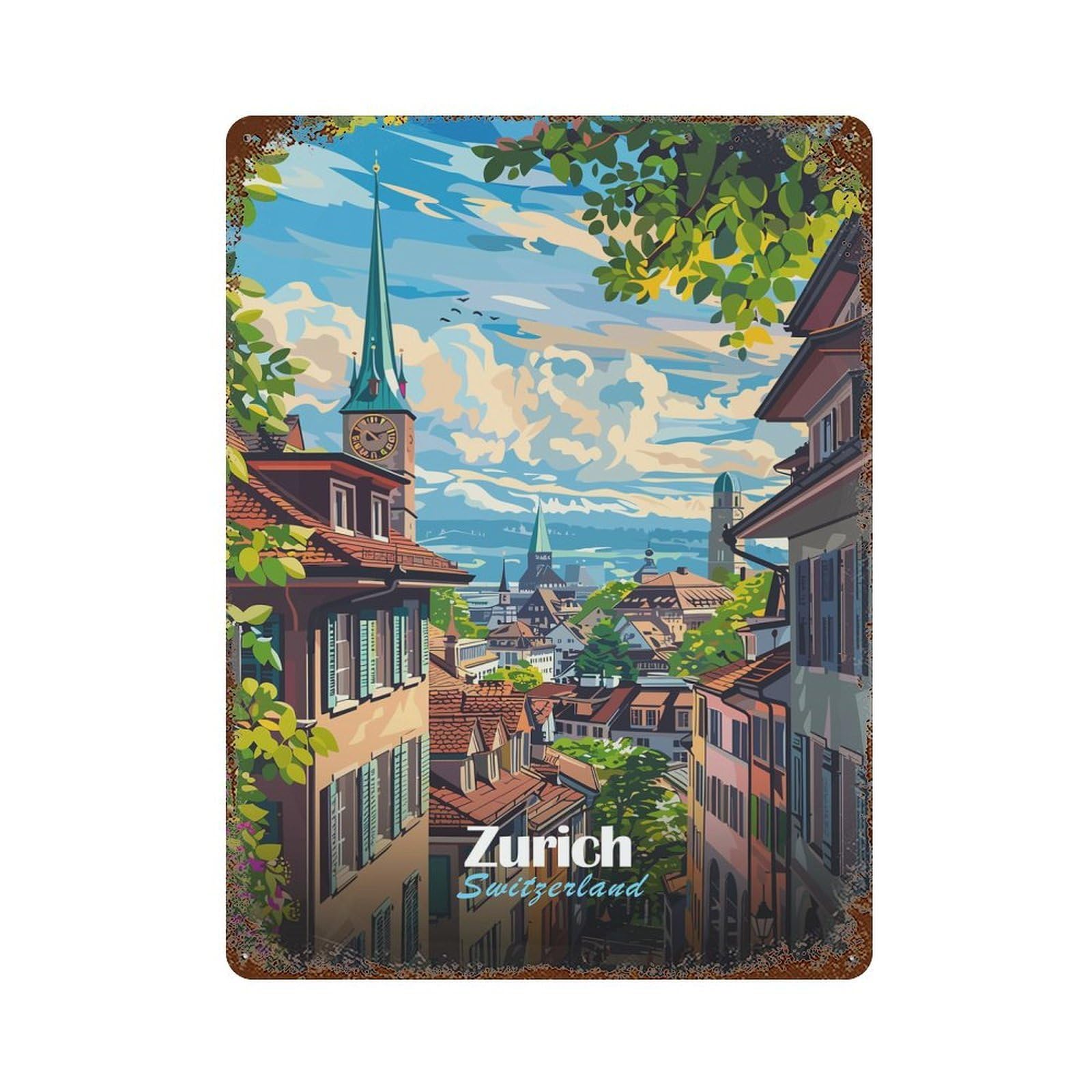 Zurich, Switzerland Cityscape Art Retro Metal Sign 15.7"x11.8", Farmhouse Wall Decor for Cafe, Home Bar And Lounge Decor