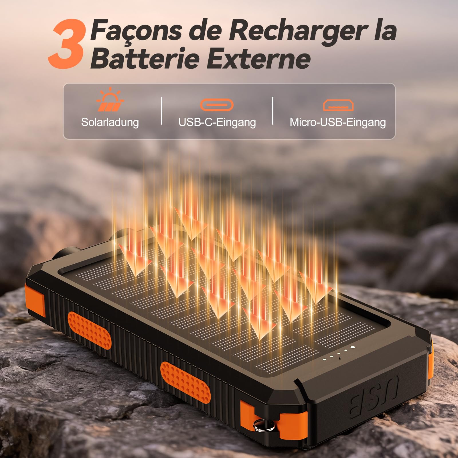 Vikeri Chargeur Solaire 26800 mAh, Batterie Externe Solaire Etanche, Port USB-C pour Une Charge Rapide, Batterie Solaire avec 4 Prises, pour Smartphones, Tablettes, etc. (Orange)
