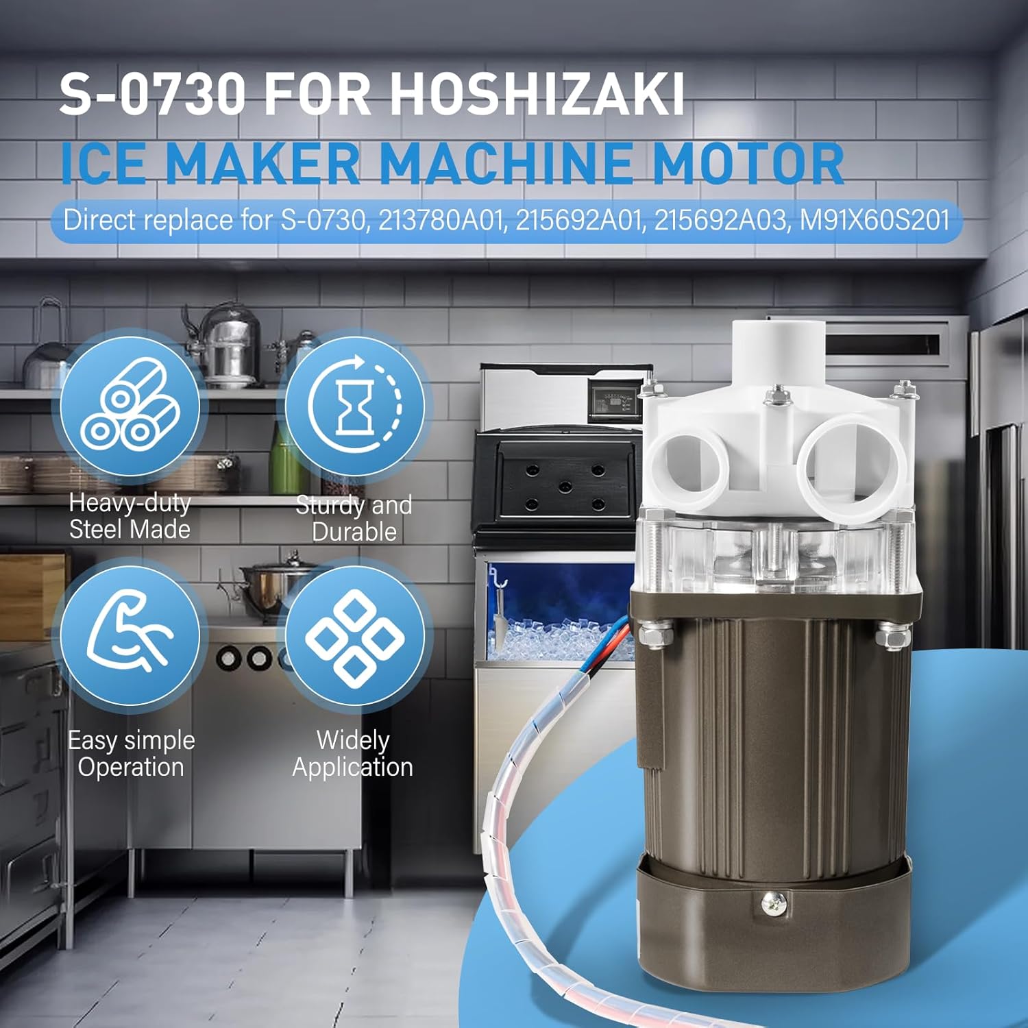 S-0730 Ice Machine Motor for Hoshizaki Ice Machine, Pump Assy Motor for Hoshizaki Ice Maker KM-1200S KM-1300S KM-1600S, Come with Capacitor and 16in Cable & Plug