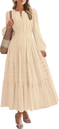 BTFBM Fall Dresses for Women 2025 Casual Long Sleeve V Neck Elastic Waist Lightweight Maxi Wedding Guest Dress Pockets