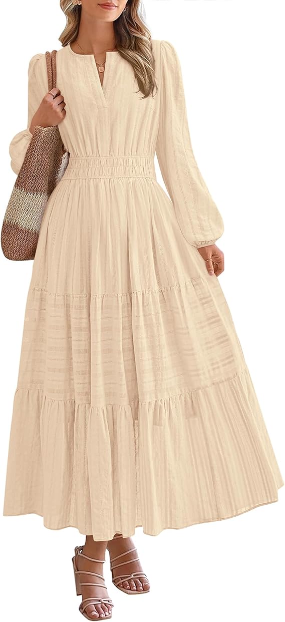 BTFBM Fall Dresses for Women 2025 Casual Long Sleeve V Neck Elastic Waist Lightweight Maxi Wedding Guest Dress Pockets