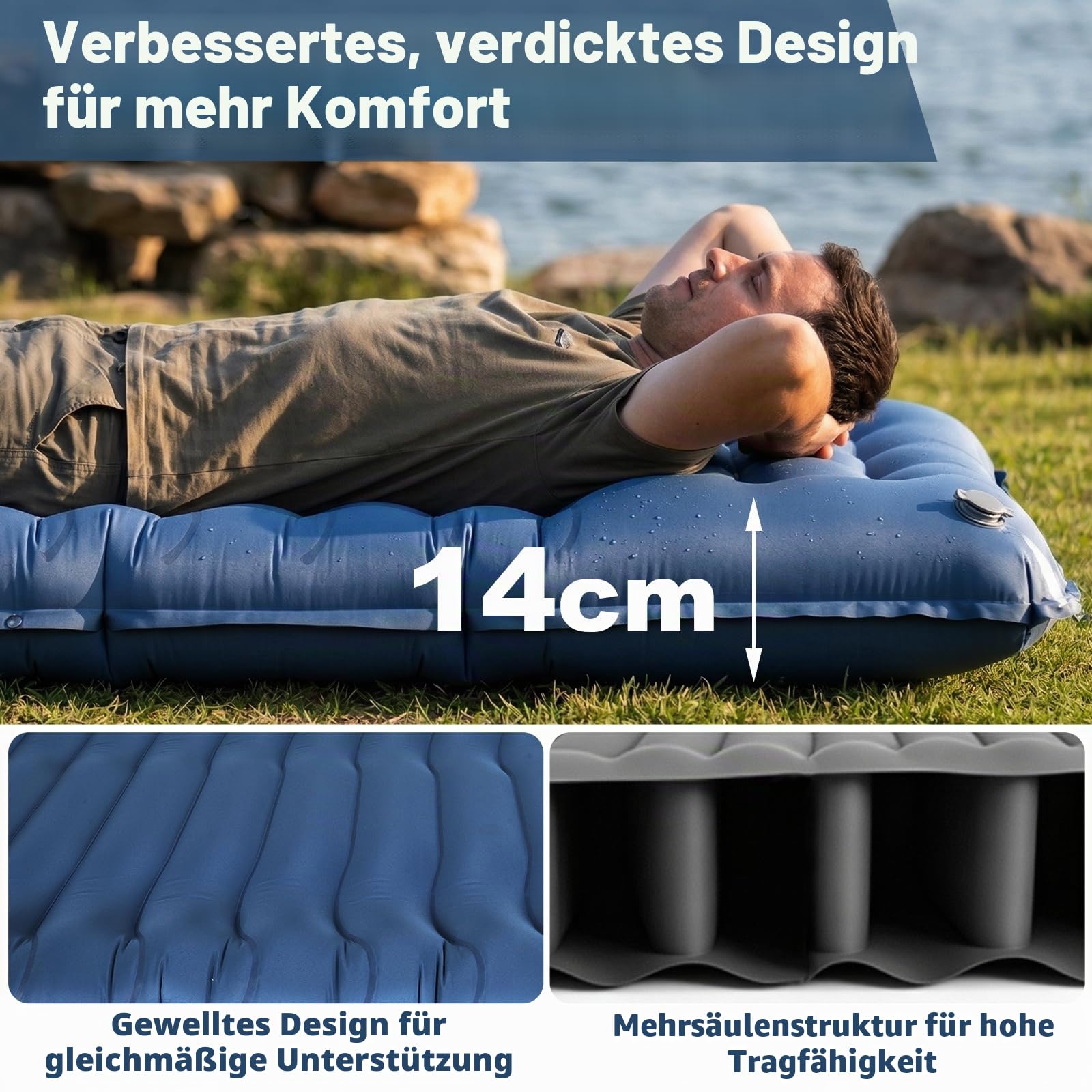 Isomatte Camping Outdoor, 14cm Verdickte Luftmatratze Isomatte mit Kissen & Fußpumpe, Faltbare Campingkarymatte, Kompakt Aufblasbare Schlafunterlage für Wandern Reisen Strand, 192 * 68 * 14cm