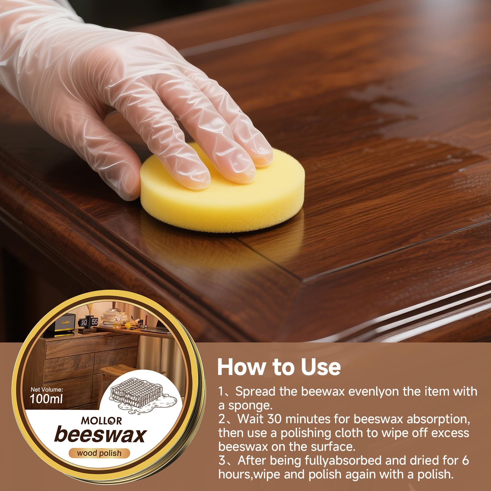 Non-Toxic Wood Wax for Furniture - 100% Natural Chalk Paint Wax for Sealing & Protecting Painted and Raw Wood Surfaces, Wooden Floors & More - Clear Protective Finish, 3.5 Oz (Includes Tools)