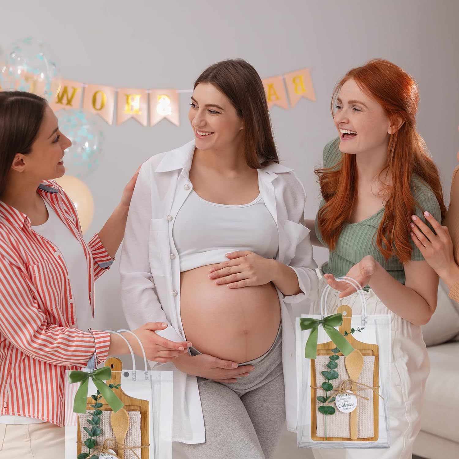 12 Set Pre-packaged Baby Shower Prizes: Bamboo Cheese Board, Spoon, Waffle Weave Towel, Artificial Eucalyptus Stems & Bags for Bridal & Baby Shower Party Favors