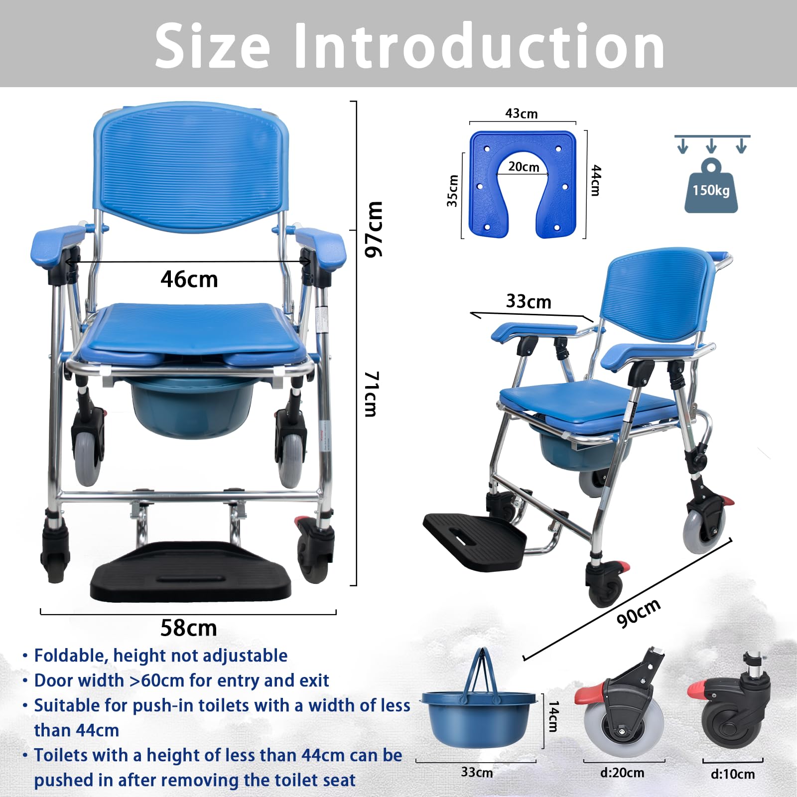Sedia Comoda Pieghevole WC per Anziani con Rotelle, Blu Sedia a Rotelle con WC per Anziani Pieghevole, 3-in-1 Sedia Doccia Disabili con Ruote Impermeabile, 150kg