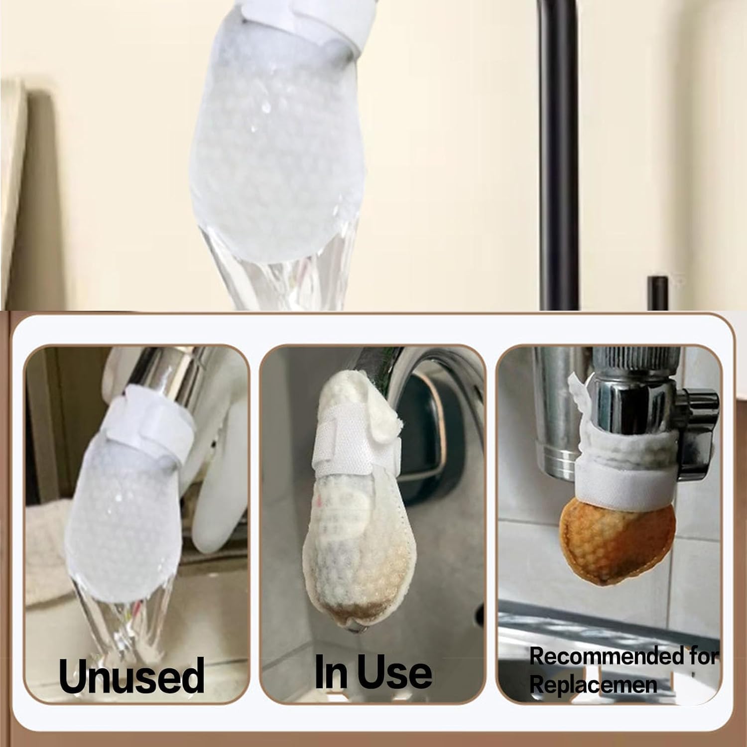 Bolsa Filtrante para Grifo, Filtro de Agua Universal y Reutilizable para Fregadero de Cocina, Filtro Transparente para Grifos, Retiene Óxido, Sedimentos e Impurezas; Incluye Correa (50 piezas)