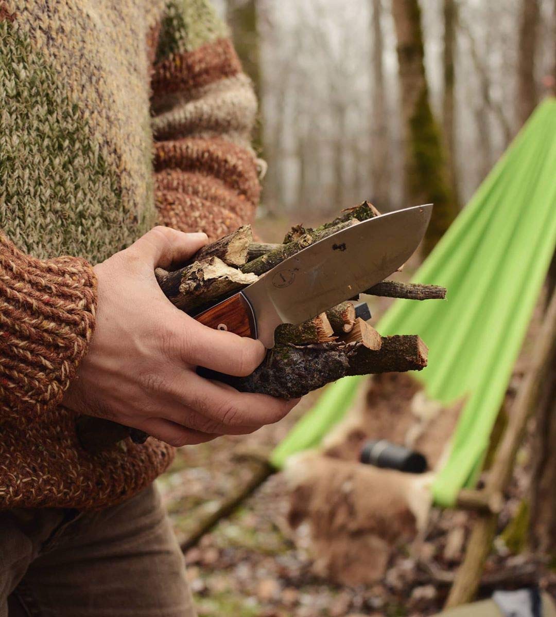 JEO-TEC Nº1 Couteau de Camping, Randonnée Outdoor Survie Bushcraft Multifonctionnel, Lame Fixe 13 cm inox Böhler N690C, Étui de transport, Fabriqué en Espagne