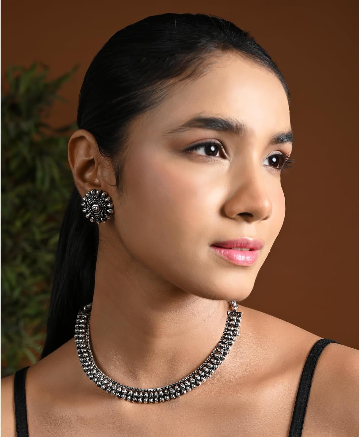 I Jewels Valentines Day Gifts For Her Silver Oxidised Indian Wedding Bollywood Choker Necklace and Earrings Jewellery Set For Women (MC058-118) - Image 2