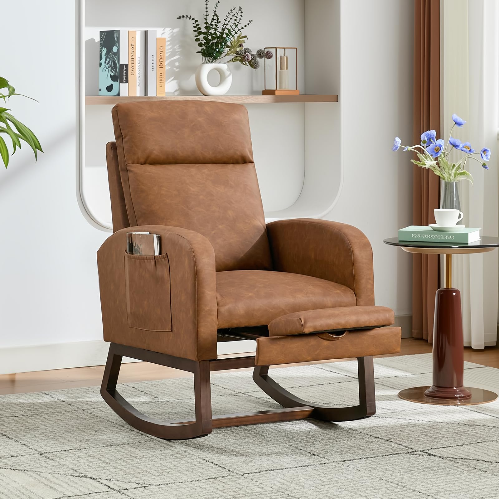Garvee Nursery Rocking Chair with Foot Rest,Modern PU Upholstered Reading Glider Chair,High Backrest &amp; Side Pocket for Living Room, Bedroom, Baby Room