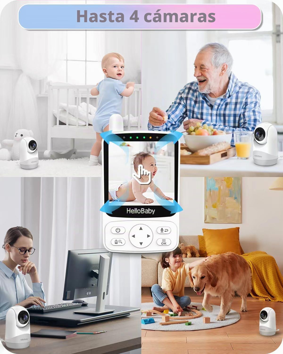 HelloBaby 4" Camara Vigilancia Bebe, 29 Horas de batería Vigilabebes con Camara, Zoom Digital Doble 350°/120°,visión Nocturna infrarroja, Modo Eco