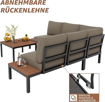 NATURAL EXPRESSIONS Patio Furniture Sets Metal Outdoor Sectional L Shape Corner Sofa Outdoor Couch with Detachable Backrest3 Fauxwood TablesBlack FrameShale Olefin Cushions for YardGarden