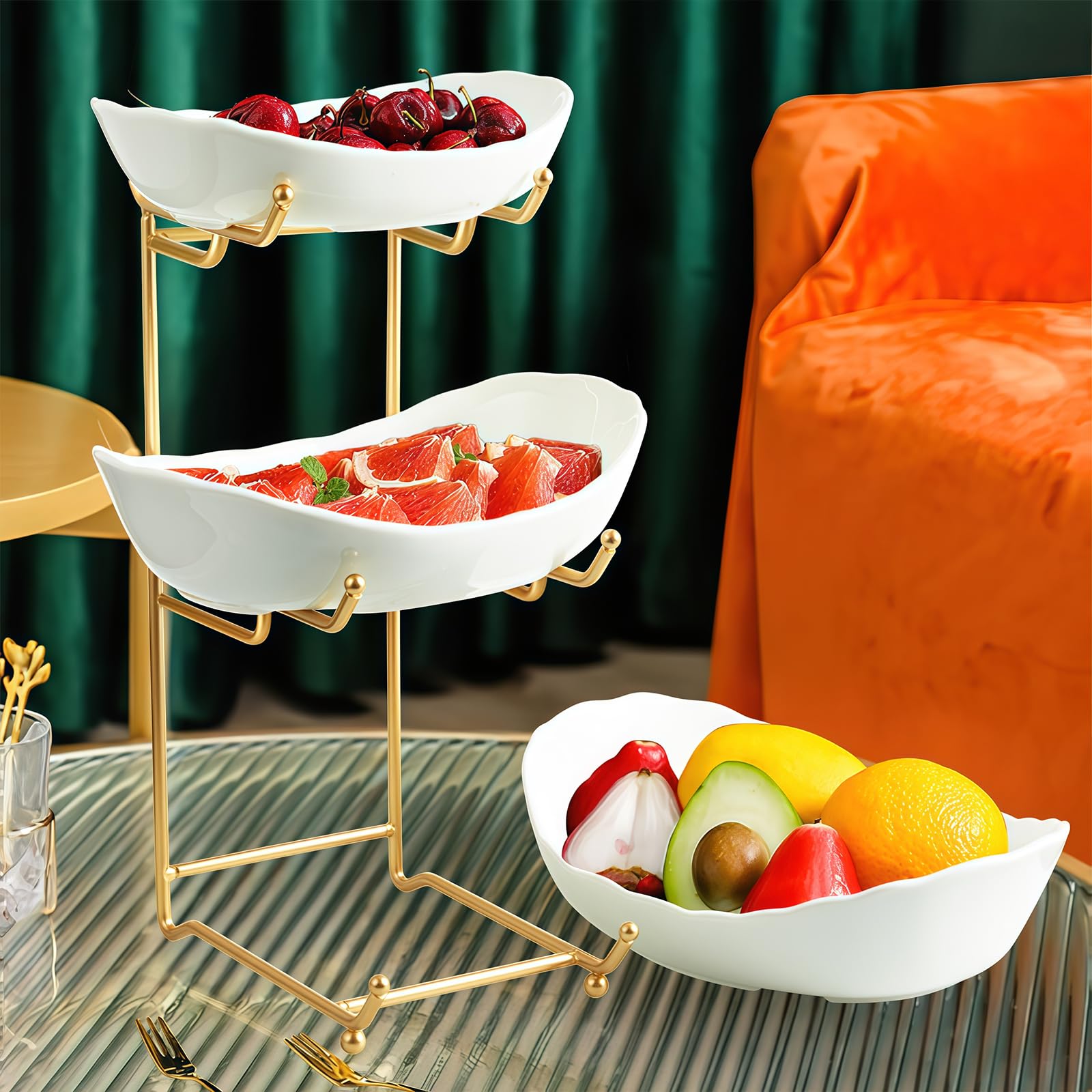 Frutero de cerámica para encimera de cocina, cesta de frutas de 3 niveles con soporte de metal, soporte de frutas escalonado para encimera, aperitivos, nueces, pasteles, postres, lindo (dorado