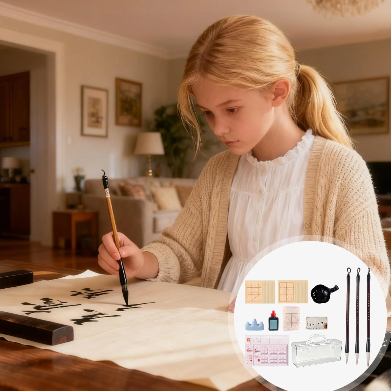 Komplettes Kalligraphie-Set für Anfänger, mit Tinte, Pinseln, Wasserschreibtüchern, Filzmatte, Tintenschale und Aufbewahrungsbox, 15-teilig